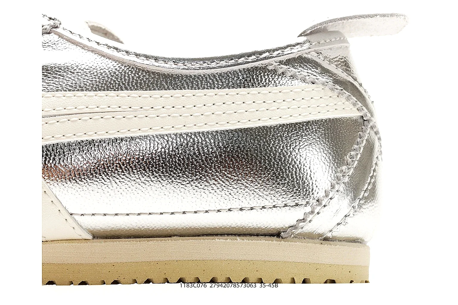 Onitsuka Tiger Mexico 66 Silver White Sneakers comparison signal photo with silver white low-top sneakers with metallic-leather texture, side-profile shape, upper panel lines, and outsole detail thumbnail 5