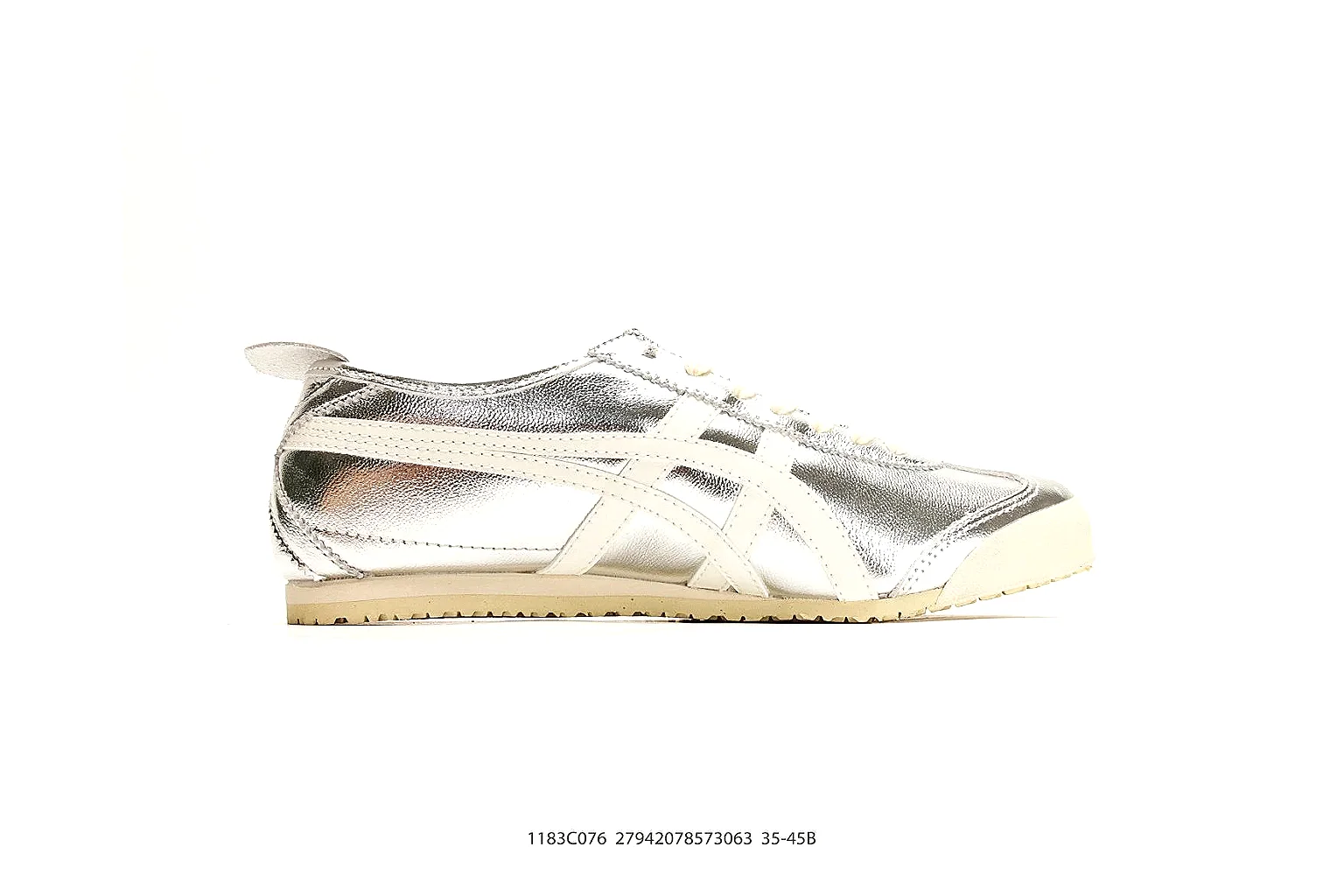 Onitsuka Tiger Mexico 66 Silver White Sneakers comparison signal photo with silver white low-top sneakers with metallic-leather texture, side-profile shape, upper panel lines, and outsole detail thumbnail 6
