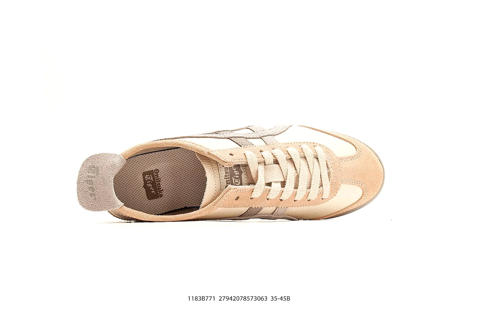 Onitsuka Tiger Mexico 66 Tan Brown Sneakers comparison signal photo with tan brown low-top sneakers with leather texture, side-profile shape, upper panel lines, and outsole detail