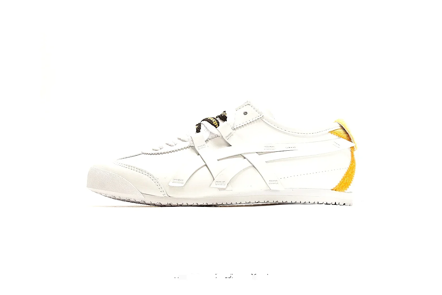 Onitsuka Tiger Mexico 66 White Yellow comparison photo showing white leather low-top upper, yellow Onitsuka side stripes, slim retro runner profile, and flat sole