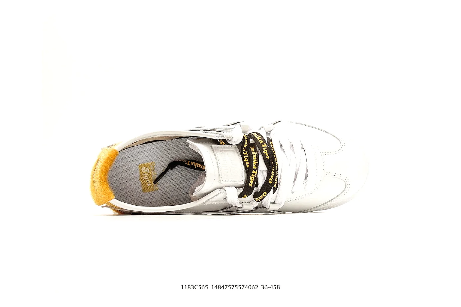 Onitsuka Tiger Mexico 66 White Yellow comparison photo showing white leather low-top upper, yellow Onitsuka side stripes, slim retro runner profile, and flat sole
