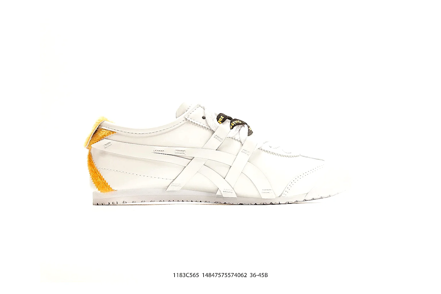 Onitsuka Tiger Mexico 66 White Yellow comparison photo showing white leather low-top upper, yellow Onitsuka side stripes, slim retro runner profile, and flat sole thumbnail 6