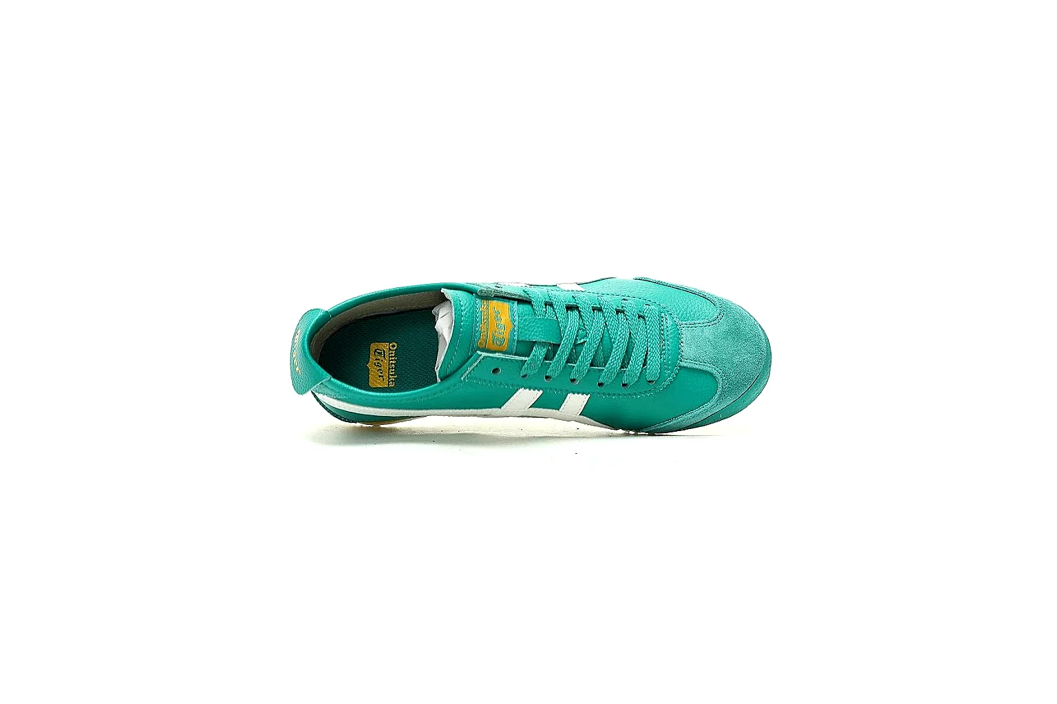 Onitsuka Tiger turquoise trainer side profile with white stripe QC markers