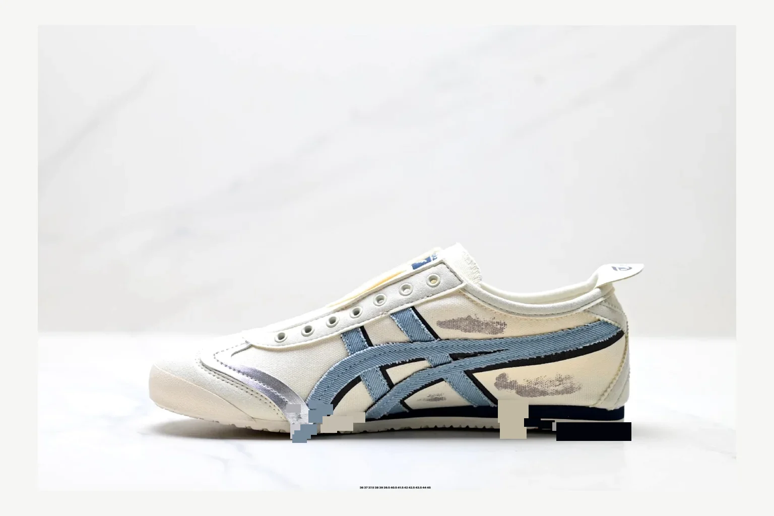 Onitsuka Tiger White Blue Sneaker comparison signal photo with white blue retro stripe low-top with mixed-material upper and low-profile shape
