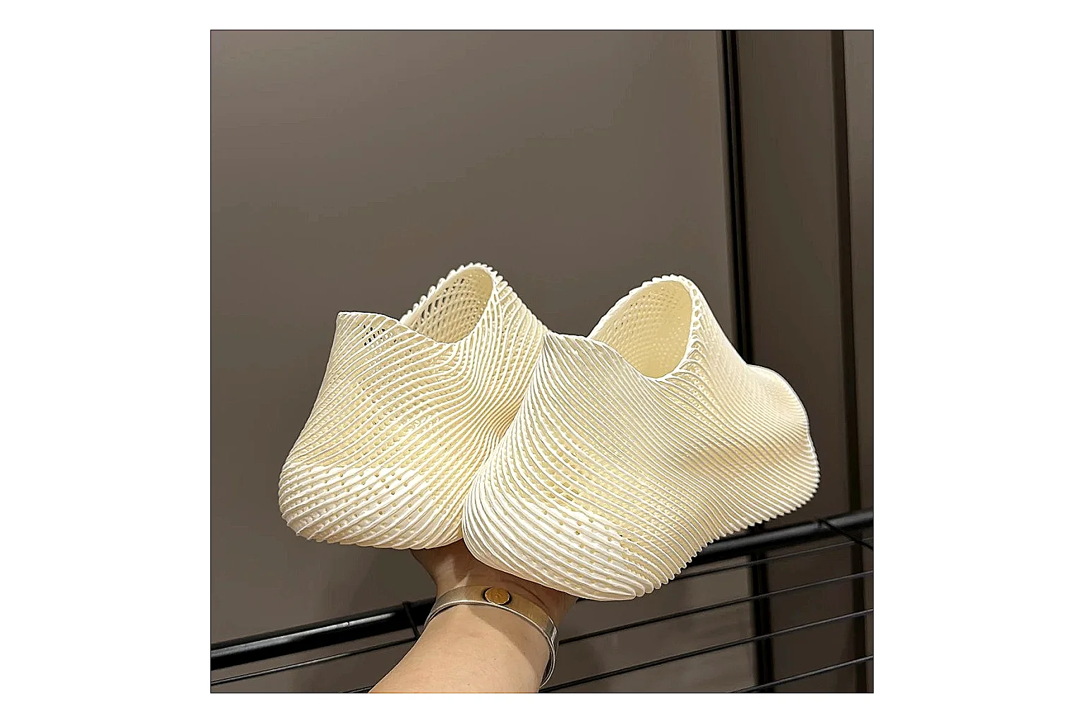 Other 4D Printed Cream Slip-On Sneakers comparison photo showing cream open-grid upper, seamless slip-on profile, sculpted sole, and soft futuristic casual shape thumbnail 4