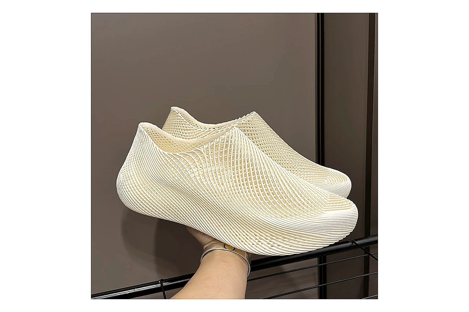 Other 4D Printed Cream Slip-On Sneakers comparison photo showing cream open-grid upper, seamless slip-on profile, sculpted sole, and soft futuristic casual shape thumbnail 6