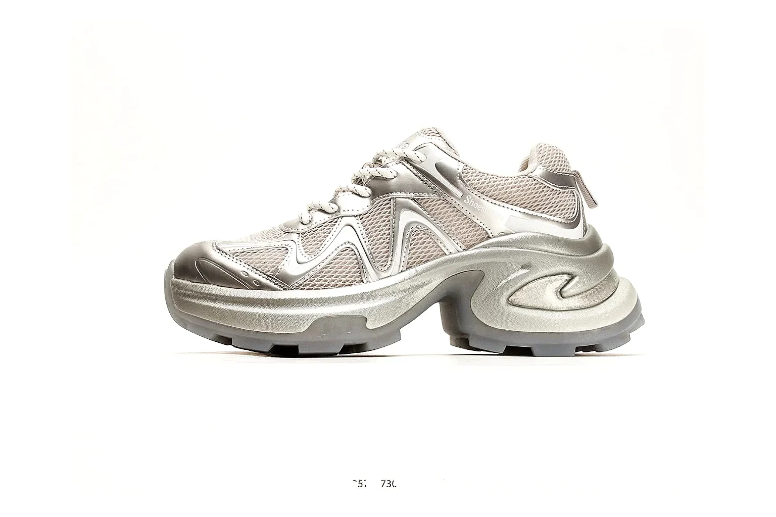 Chunky Runner Silver Gray Sneaker comparison photo showing silver gray synthetic-mesh upper, layered chunky panels, runner silhouette, and thick cushioned sole