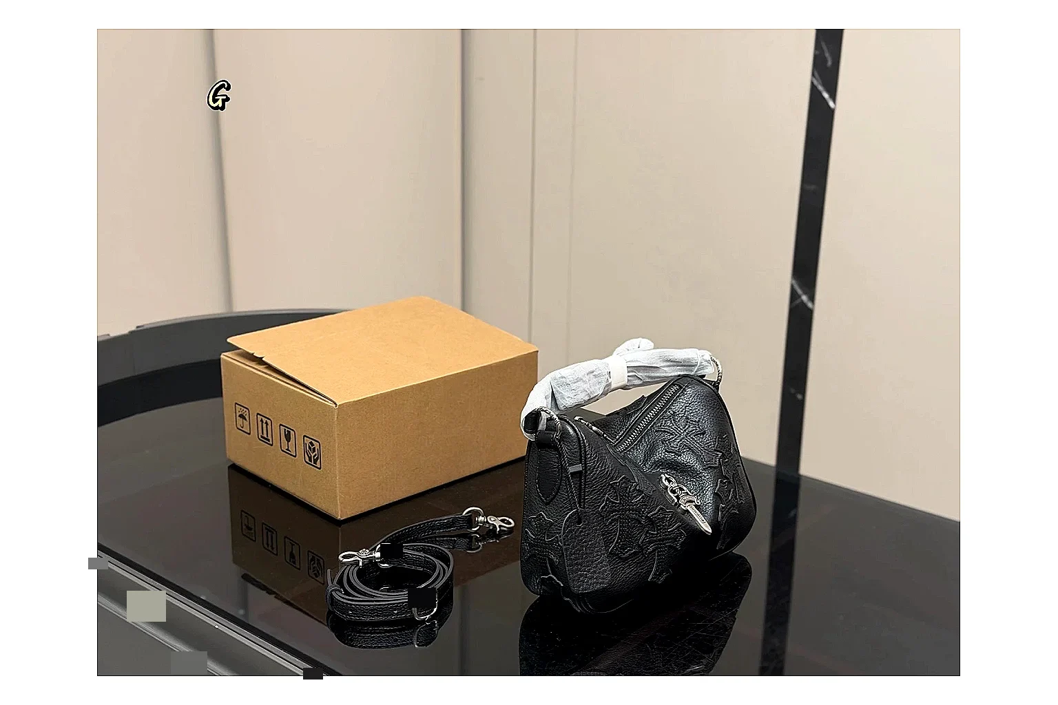 Mini Top Handle Black Bag comparison photo showing black leather compact bag body, structured handle, clean top-handle shape, and simple hardware