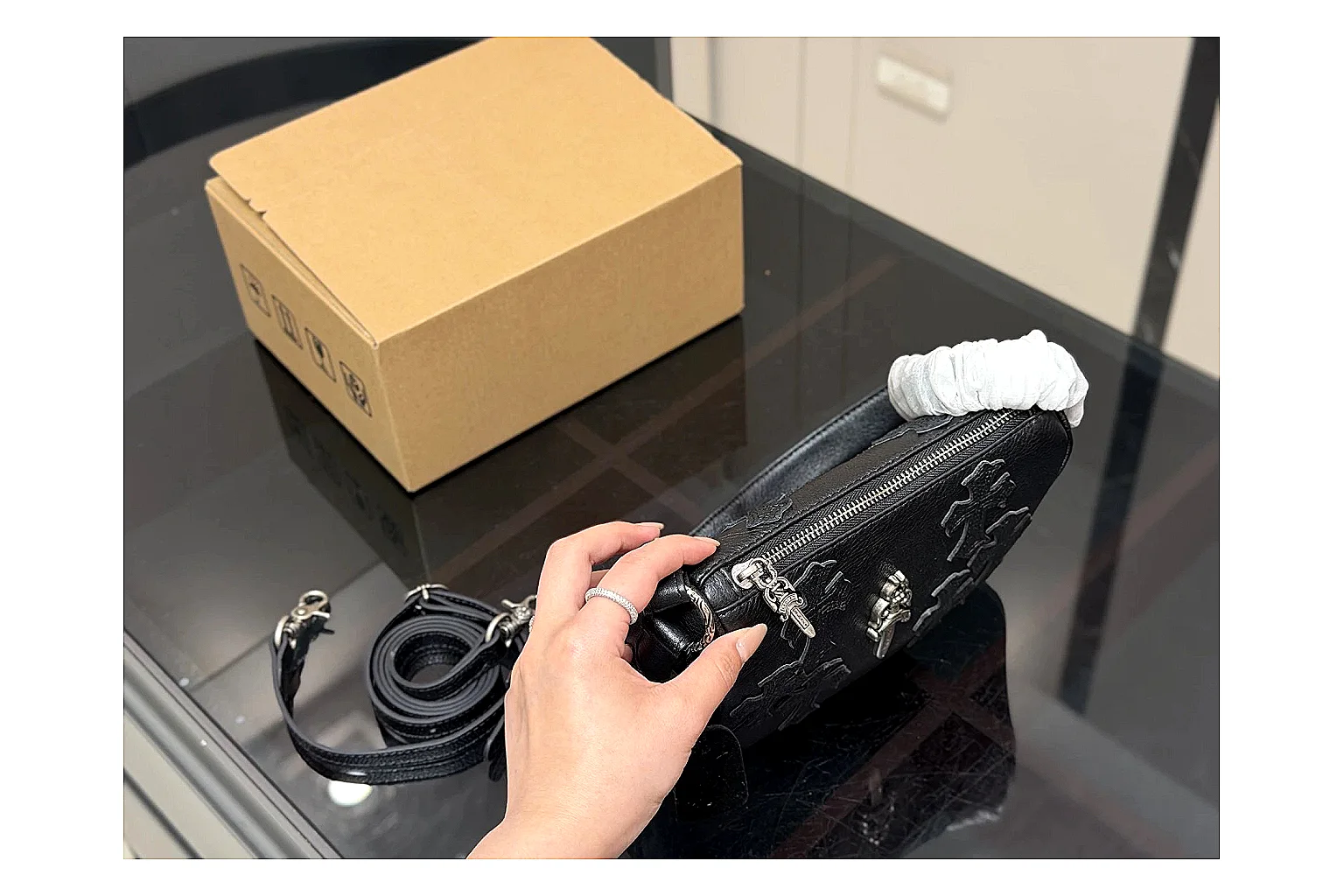 Mini Top Handle Black Bag comparison photo showing black leather compact bag body, structured handle, clean top-handle shape, and simple hardware