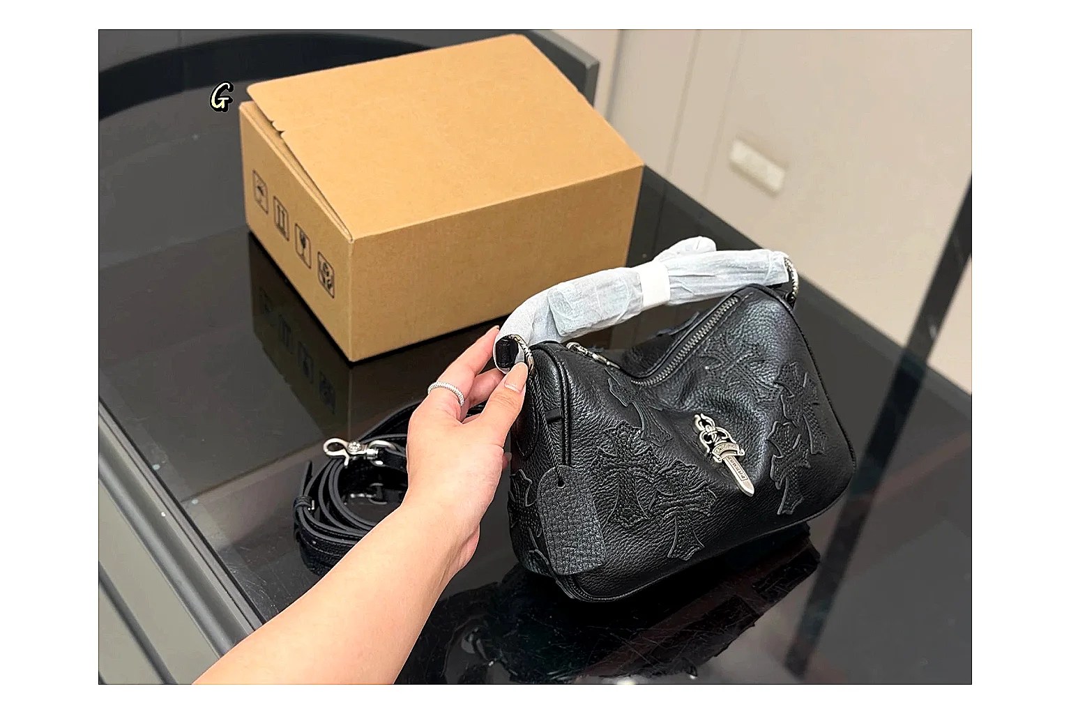 Mini Top Handle Black Bag comparison photo showing black leather compact bag body, structured handle, clean top-handle shape, and simple hardware thumbnail 6