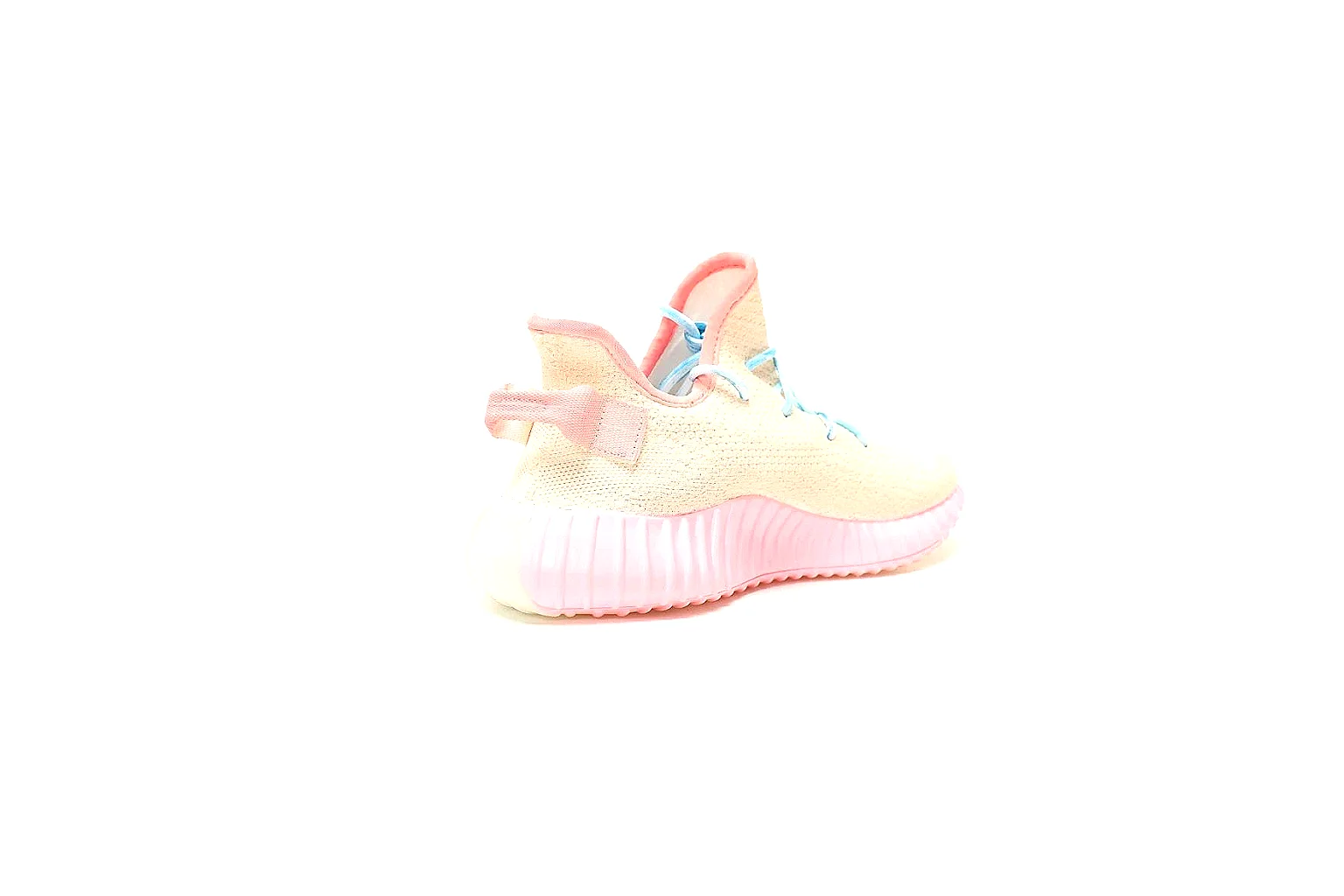 Pastel cream knit runner with blue laces and pink ribbed sole for QC comparison thumbnail 6