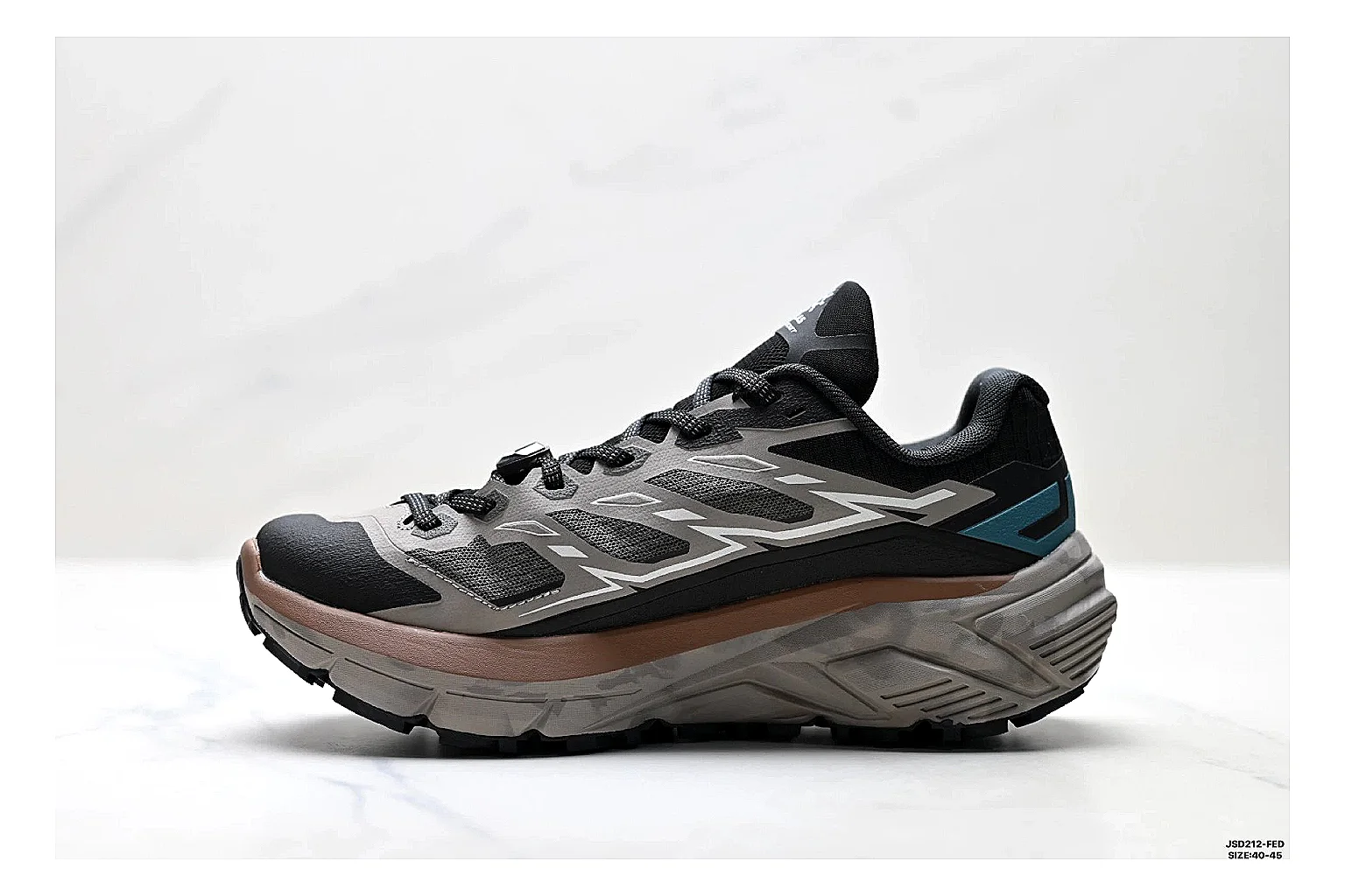 Trail Runner Black Teal Sneaker comparison photo showing black mesh runner upper, teal accent details, rugged trail profile, and traction sole