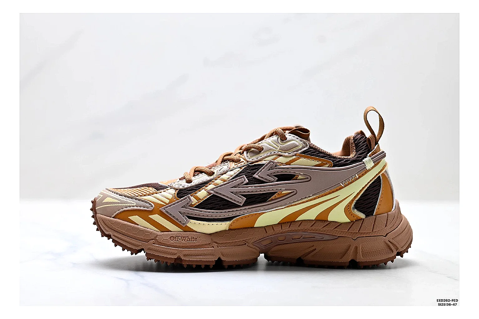 Trail Runner Brown Gold Sneaker comparison photo showing brown gold mesh-suede runner upper, rugged trail profile, protective overlays, and traction sole