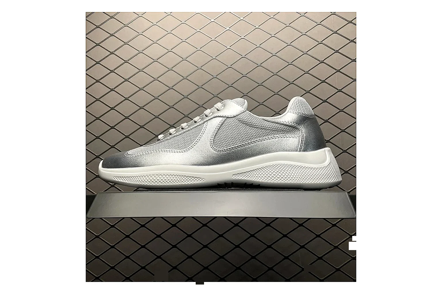 Prada America Cup Silver Sneaker comparison signal photo with silver america cup low-top with mixed upper and low top shape