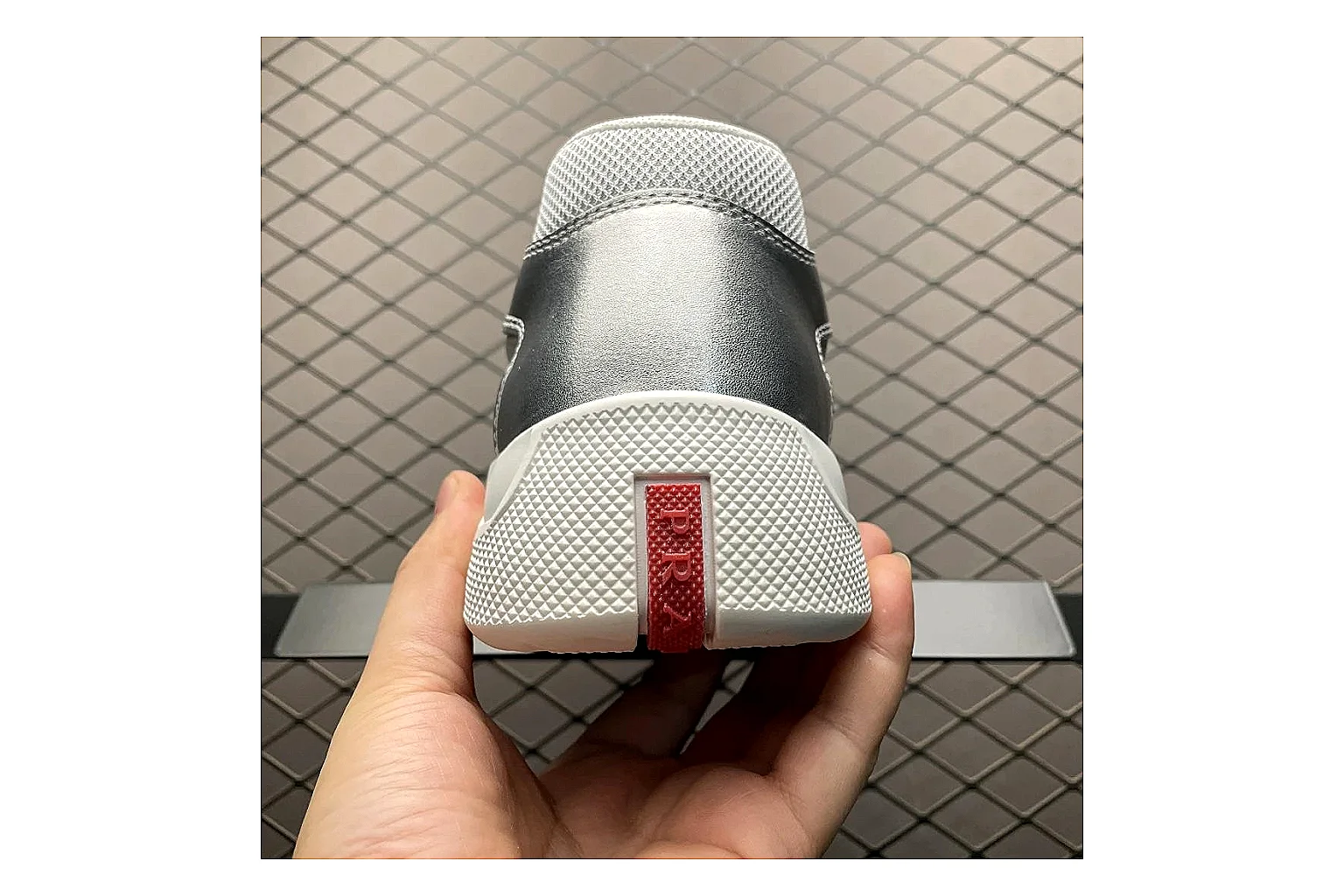 Prada America Cup Silver Sneaker comparison signal photo with silver america cup low-top with mixed upper and low top shape