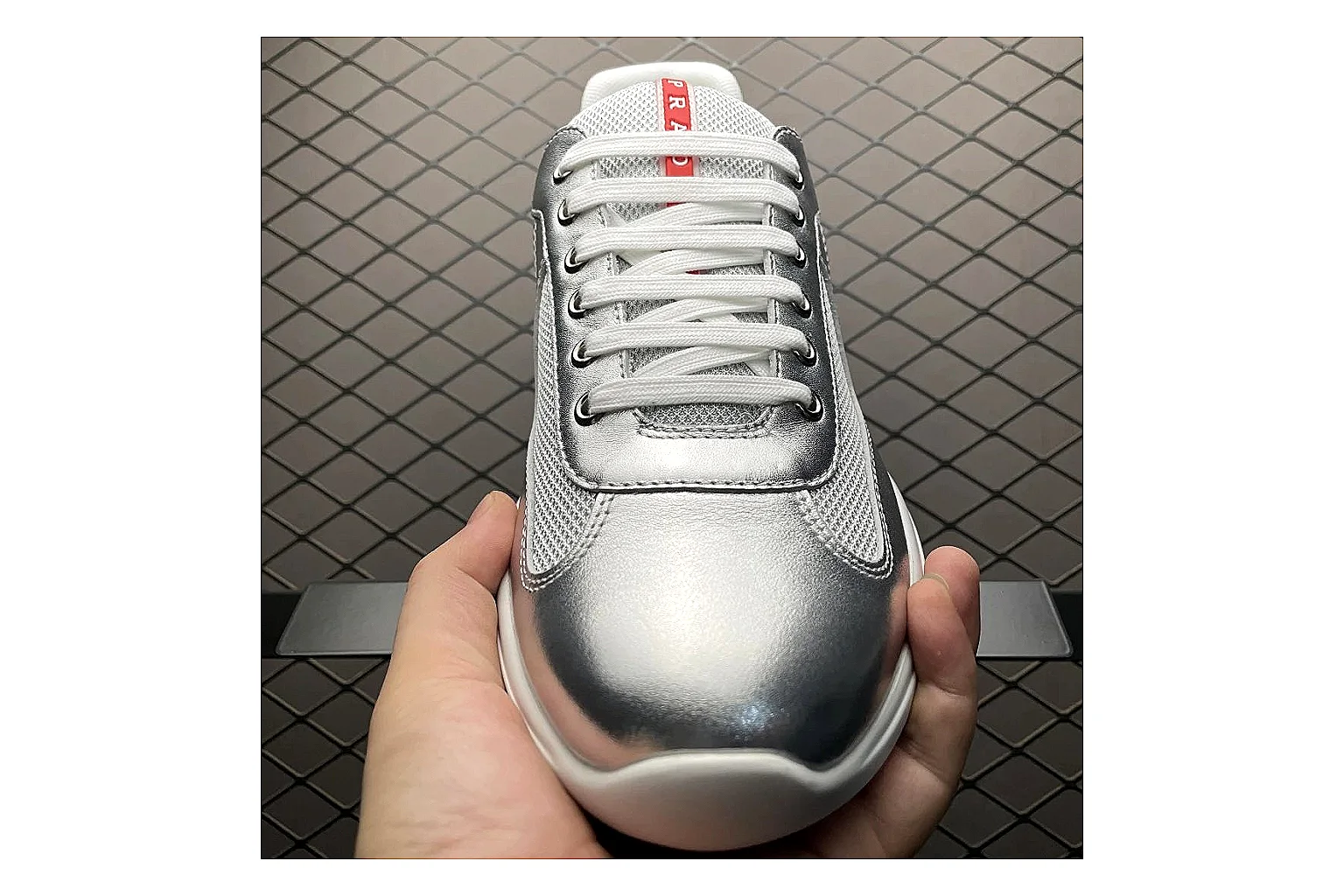 Prada America Cup Silver Sneaker comparison signal photo with silver america cup low-top with mixed upper and low top shape thumbnail 4