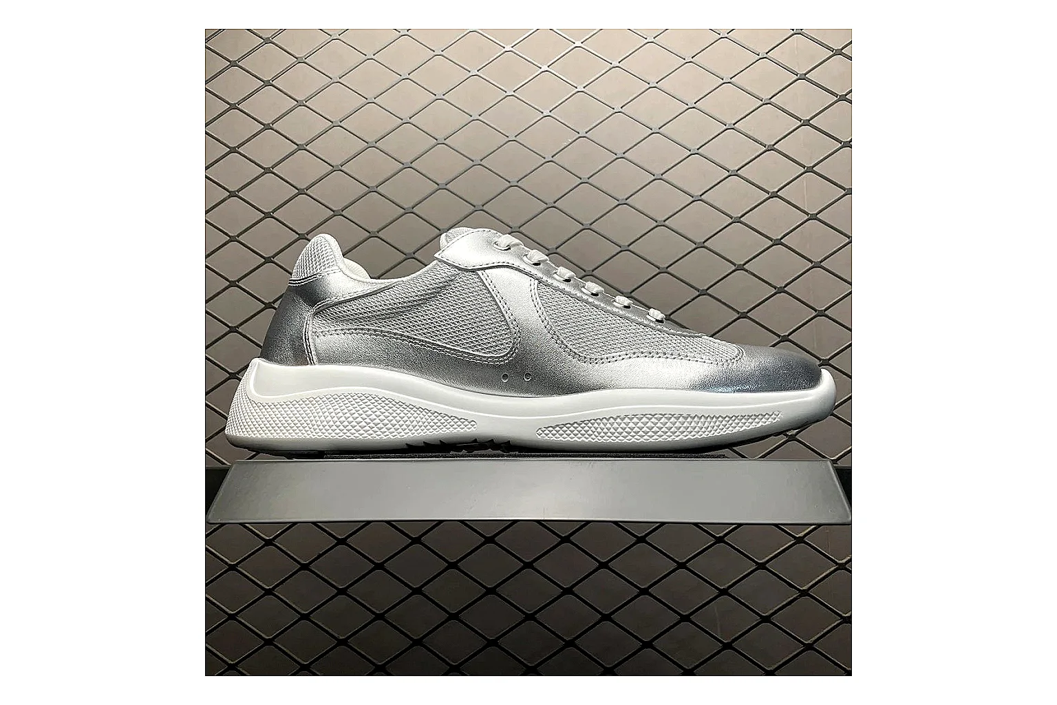 Prada America Cup Silver Sneaker comparison signal photo with silver america cup low-top with mixed upper and low top shape thumbnail 6