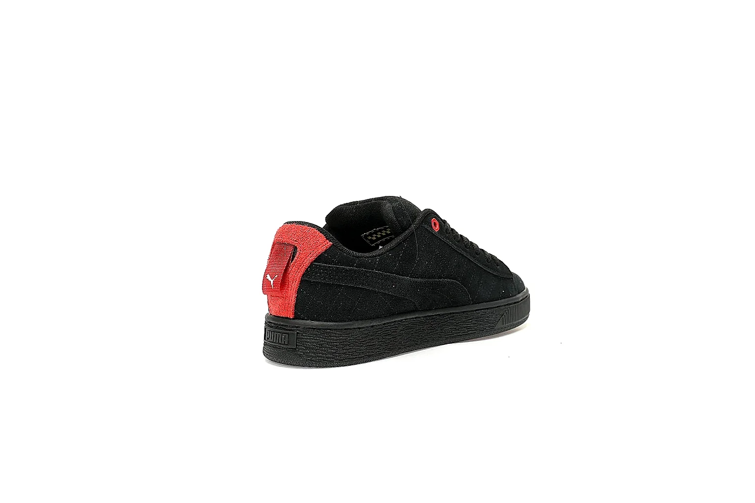 Puma black platform sneaker with red heel and white stripe QC view