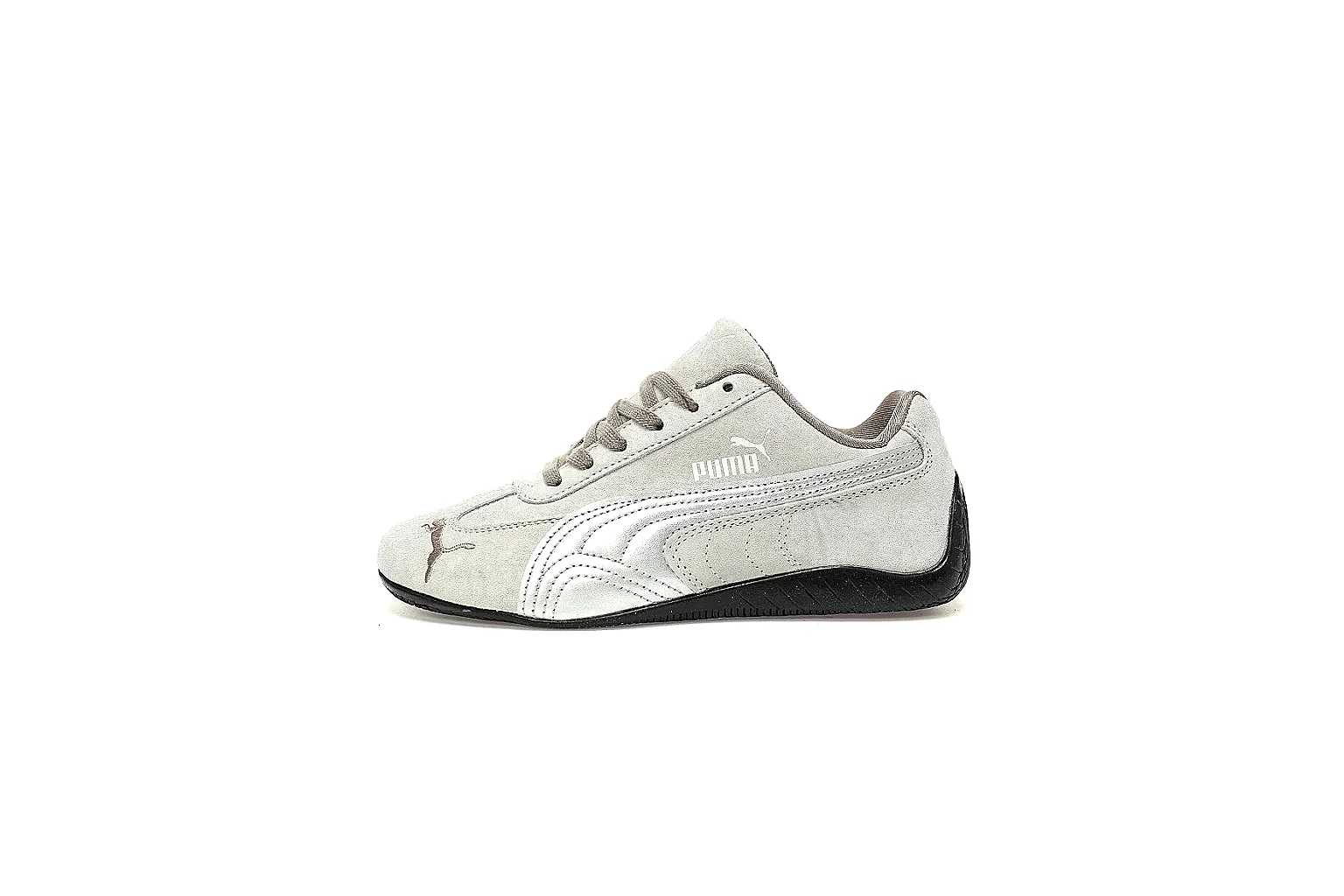 Puma grey low-profile trainer with taupe laces and black rubber sole thumbnail 2