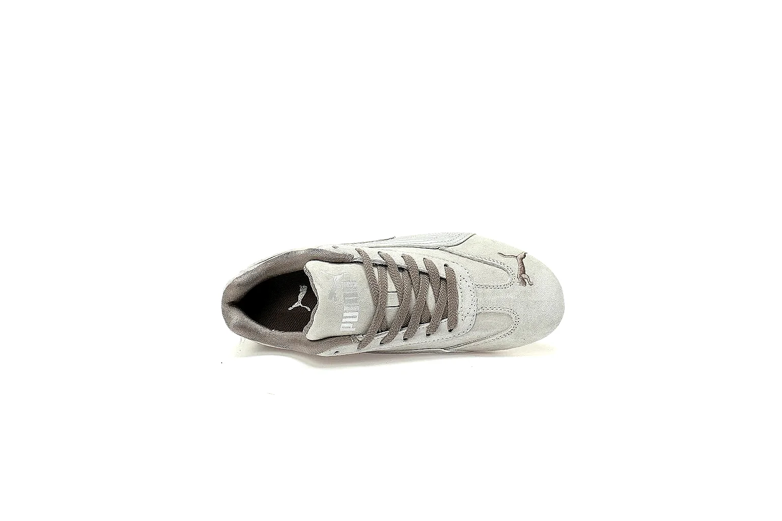 Puma grey low-profile trainer with taupe laces and black rubber sole thumbnail 3