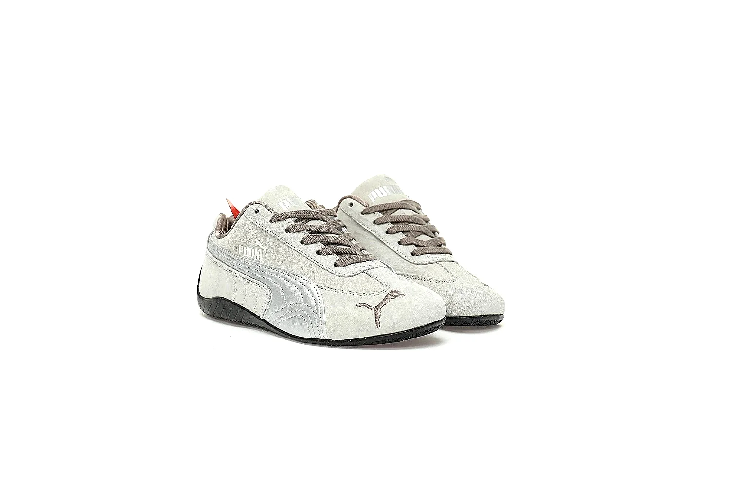 Puma grey low-profile trainer with taupe laces and black rubber sole thumbnail 5