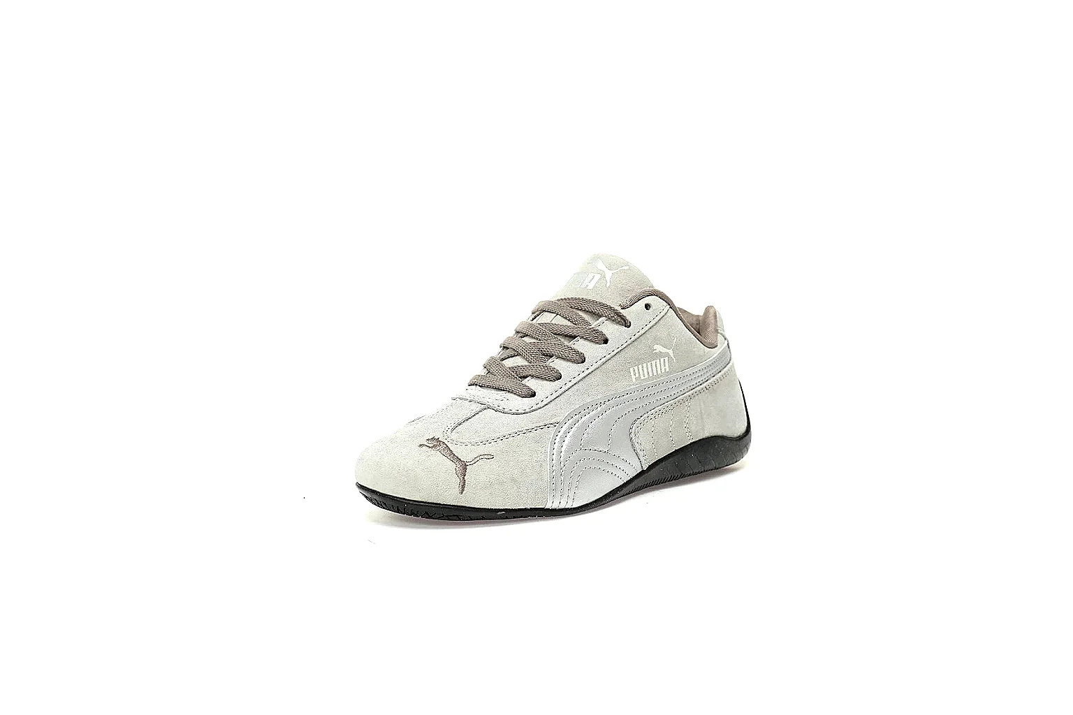 Puma grey low-profile trainer with taupe laces and black rubber sole thumbnail 6