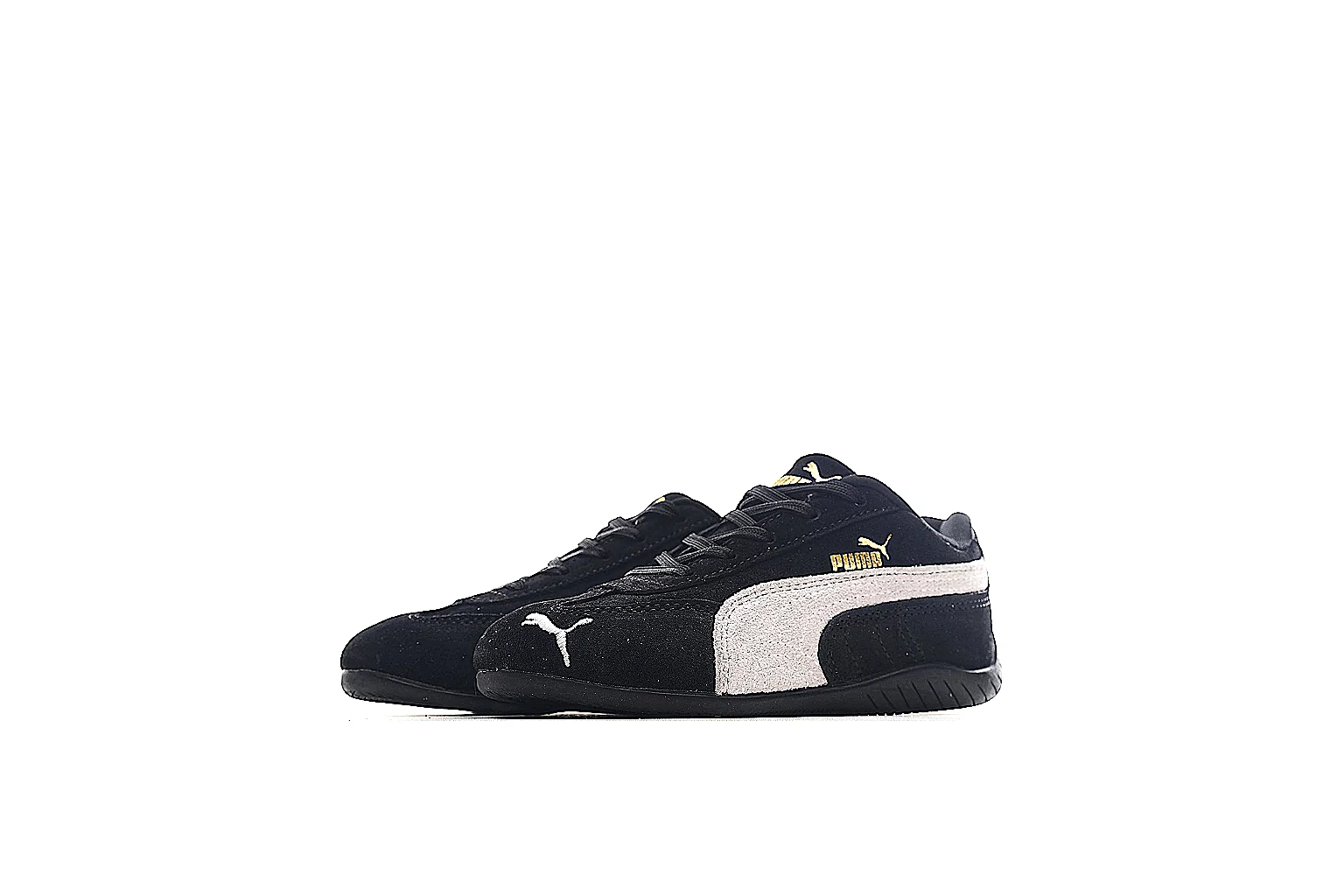 PUMA black trainer with white side stripe and visible QC comparison angles