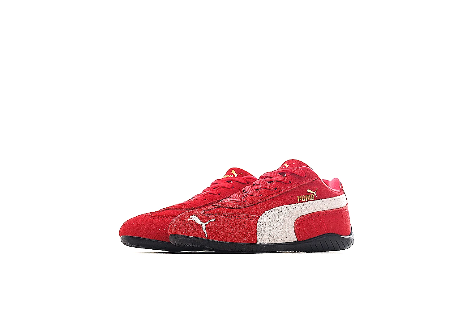 Red Puma suede trainer side profile for QC and price comparison