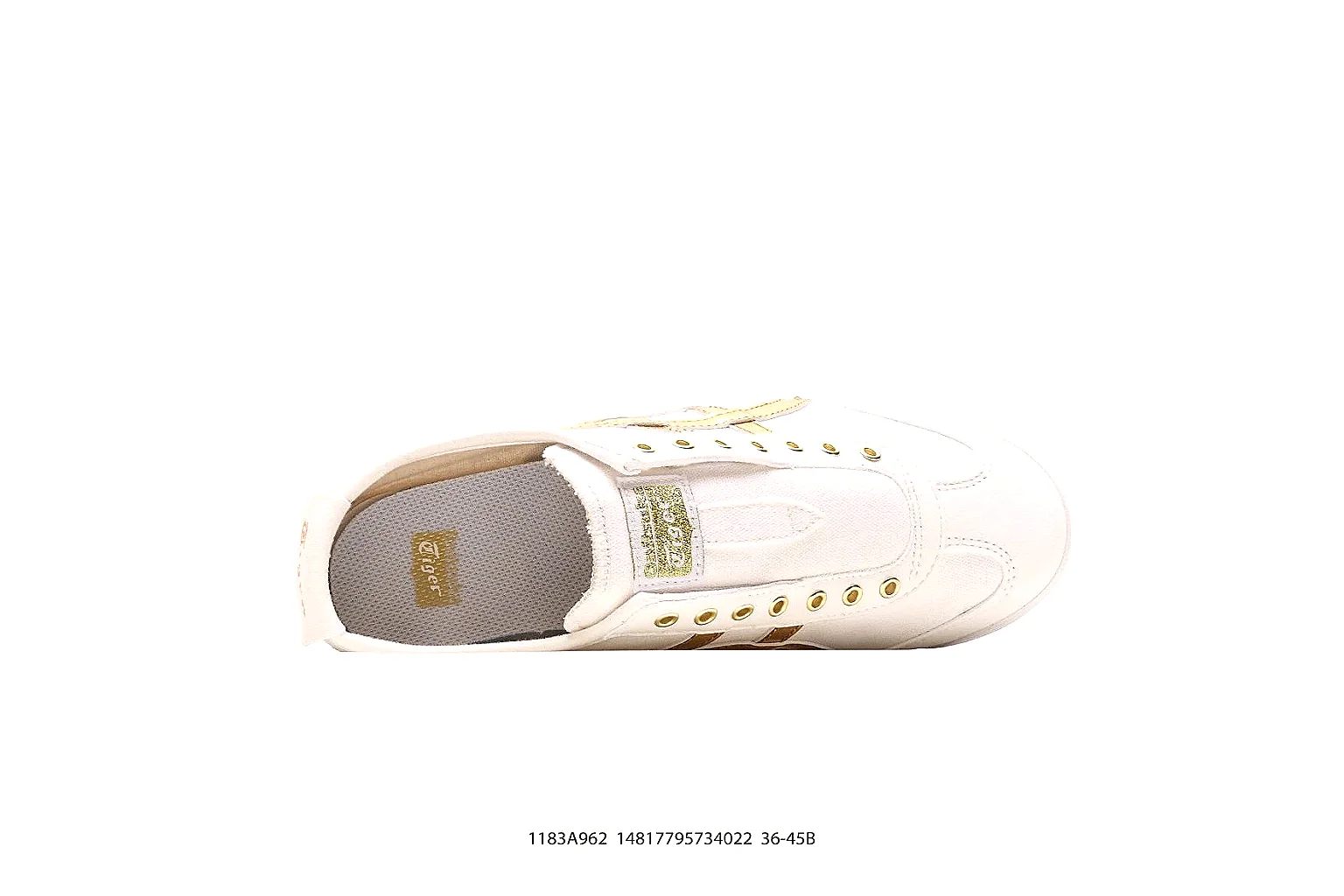 Tiger white and metallic gold trainer with side stripes and low-profile sole